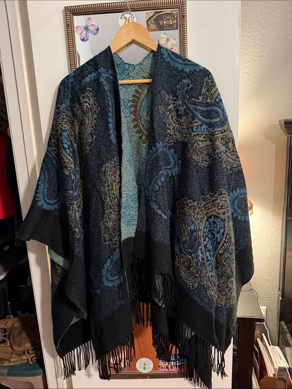 Black and Teal Paisley Fringe Shawl Wrap -
